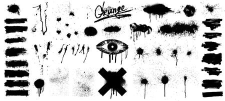 Very nice Collection of black paint, great elaboration, spray graffiti stencil template ink brush strokes, brushes, lines. Paint splats blotches. Round grunge design elements. Isolated vector setのイラスト素材