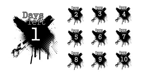 Number days left, countdown in dirty spray style. Isolated collection days left badges. Going countdown sign, one day left badge and business date count label. Vectorのイラスト素材