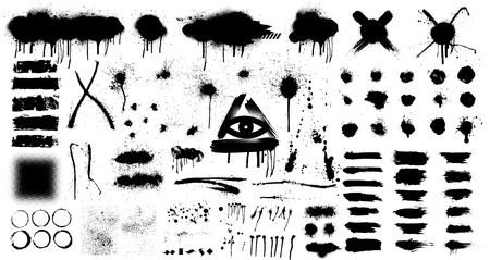 Very Big Collection of black paint, ink brush strokes, brushes, splashes, lines. Dirty artistic design elements. Spray graffiti stencil template. Isolated collection. Vector setのイラスト素材