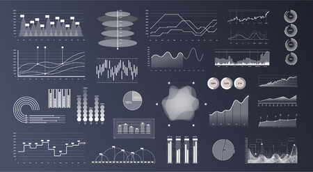 Linear Graph chart. Marketing investment isolated vector sign set. Thin line charts, modern statistics graphs and circular bar progress presentation diagram, circular progress statistic comparison barのイラスト素材
