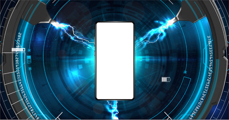 Realistic black smartphone mockup with futuristic technology concept, mobile phone against the backdrop of a fantastic gadget with lightning from electrical energy. Vectorのイラスト素材