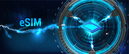 eSIM card chip sign. Embedded SIM concept. New mobile communication technology. Futuristic webpage design, eSIM charged with electrical energy. Vector illustrationのイラスト素材