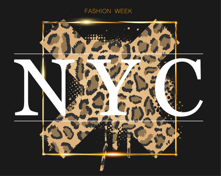 Fashion Week in New York on the background of a leopard paint cross pattern with a gold frame. Vector NYC fashion week illustrationのイラスト素材