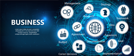 Business components (budget, documents, teamwork, agreement, money, implementation plan, strategy, idea, goal and research)のイラスト素材