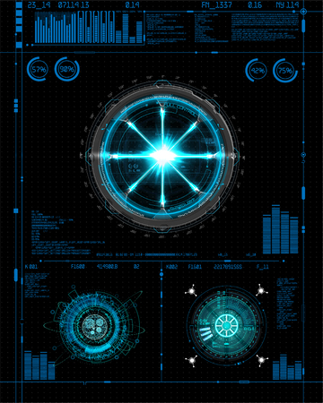 Head-Up Interface set for GUI, UI, UX design. HUD style, Technology elements set (space, dashboard, hologram, spaceship, medicine, finance, analytics) View from the cockpit spaceship HUD UI styleのイラスト素材