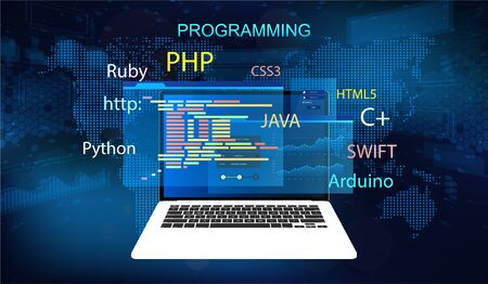 Programming concept banner. Software, web development, programming concept. Programming languages(...