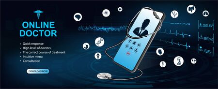 Concept of telemedicine and e-health. Doctor online. Consultation with the doctor through the screen of the phone. Graphic of realistic smartphone device with stethoscope and interface elementsのイラスト素材