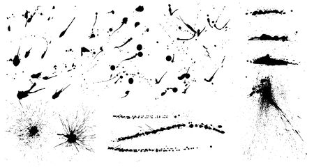 Isolated ink splashes and drops. Different handdrawn spray design, grunge splash, ink blots. High quality manually traced. Splatter grunge set. Vector grunge collectionのイラスト素材