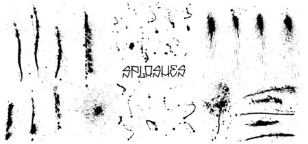 Set of black grunge splash on white background (isolated). High quality manually traced. Grunge distress calligraphy ink stains. Black ink blow explosion. Splatter grunge set. Vectorのイラスト素材