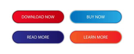 Button icons set for web site or app. UI, UX, KIT button. Isolated on white background. Collection of trendy buttons icon (Download now, read more, learn more, buy now). Flat action button with shadowのイラスト素材