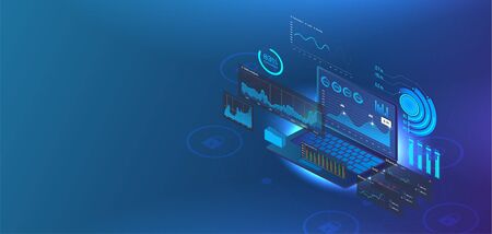 Analytics data on isometric laptop. Concept application for laptop. Online Statistics and Analysis digital money market. Landing page template. 3D Isometric laptop illustration. Vector web pageのイラスト素材