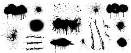 Stencil graffiti spray template. High quality manually traced. Black splashes isolated on white background. Color dirty liquid. Vector set Graffiti Sprayのイラスト素材