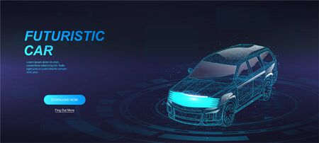 Futuristic jeep in the form of a starry sky or space. 3d model hologram crossover, consisting of points, lines, and shapes in the form of planets, stars and the universe. Smart and future concept carのイラスト素材