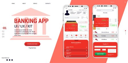 Banking Online - Mobile App (UI, UX, GUI). Well-designed application interface (Card management, Money transfers, Expenses, Payment of bills and E-payment screen) Mobile banking template, vector setのイラスト素材