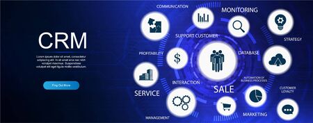 Customer relationship management. CRM banner with keywords and icons. Customer relationship management concept. Business internet technology. Web page banner CRM concept. Vector illustrationのイラスト素材