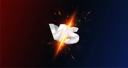 Versus, vs, screen with 3d metal letters, collision, flash of spark and glow from impact on dark background. Versus battle, competition vs match game, martial battle vs sport. Vector illustrationのイラスト素材