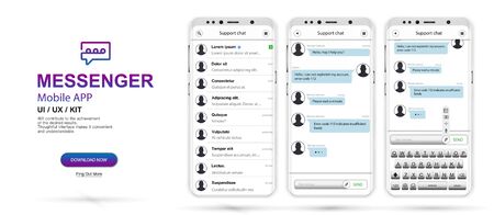 Messenger, Social network, Chat Interface. UI, UX, KIT Design Concept. Mobile modern Messenger App. Chat application on 3 smartphone screens. Social network flat style. Vector illustrationのイラスト素材