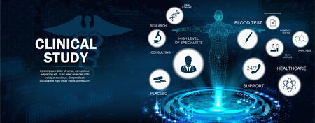 Clinical Study Concept banner with keywords and icons and 3D body hologram. Healthcare modern examination of human health and proper treatment. Full support. Vector illustration, Medical conceptのイラスト素材