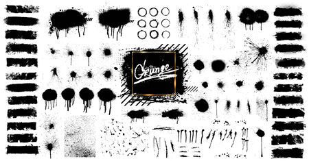 Black paint isolated collection. Ink brush strokes, brushes, splashes, lines. Dirty artistic design elements, great elaboration, spray graffiti stencil. Paint splatter blotches. Grunge vectorのイラスト素材