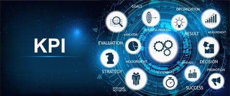 Key Performance Indicator. Kpi background with icons and keywords. intelligence metrics to measure achievement versus planned target. Kpi infographic web page vector bannerのイラスト素材