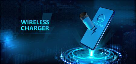 Wireless charging of the smartphone battery and 3d hologram batteries the battery icon shows the charging process. Futuristic technology concept. Vector illustrationのイラスト素材