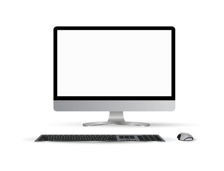 Monitor PC mockup. Trendy realistic thin frame monitor or Pc with mouse and keyboard isolated on white background. 3d realistic gadgets. Layout for web site, presentation, or advertising.のイラスト素材