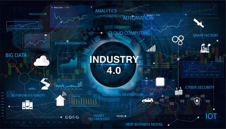 Industry 4.0 concept banner with keywords and icons. Interface with the inscription Industry 4.0. The concept of cyber-physical systems. Industry Infographics, IOT, Cloud Computing. Vector bannerのイラスト素材