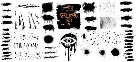Very nice Collection of black paint, Isolated grunge set. Great elaboration, template ink brush strokes, brushes, lines. Paint splats blotches. High quality manually traced. Vector Isolated setのイラスト素材