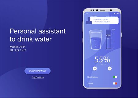 Drink water mobile app. UI, UX, GUI Application to control the daily intake of water. Healthy lifestyle, sport concept. The recommended dose of water every day and track your progress. Fitness Appのイラスト素材