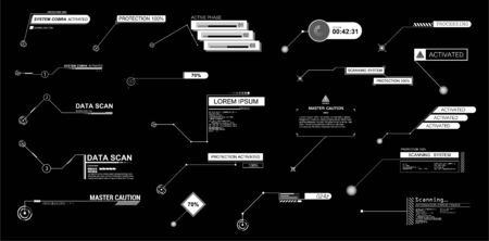Callouts titles set. HUD style. Futuristic callout bar labels, information call box bars and modern digital info boxes layout templates. Interface elements HUD, UI, GUI. Vector Titles collectionのイラスト素材
