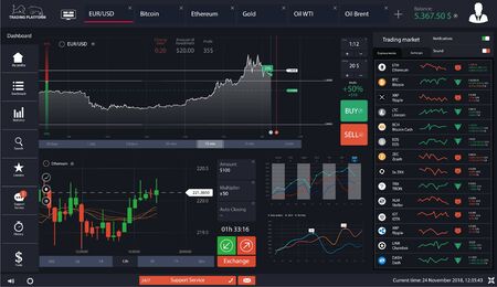Dashboard forex market. Cryptocurrency App. Online statistics and data Analytics, UI for business and trade app. Trading platform dashboard, infographic elements, diagrams and charts. Vectorのイラスト素材