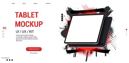 Tablet mockup and abstract web page template. Tablet, isometric, rotated position. 3D tablet frame with blank screen. Realistic device mockup. Template for presentation. Vector illustrationのイラスト素材