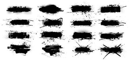 Ink splashes stencil - vector set. High quality manually traced. Black inked splatter dirt stain splatter spray splash with drops blots isolated. Vector grunge silhouette collection color dirty liquidのイラスト素材