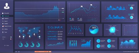Informative and simple dashboard for any site purposes. Colorful infographics template for business and other projects. Admin panel interface with futuristic blue interface. Vector elements setのイラスト素材
