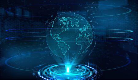 Earth globe hologram technology three-dimensional interface. HUD 3d globe earth hologram. Sky-fi concept, science fiction scene. Vector illustrationのイラスト素材