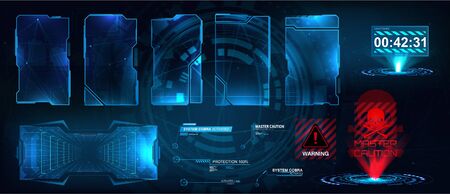 Screens HUD, UI, GUI futuristic interface. Callouts titles. Head up screens for video games, apps, movie. Sky-fi holograms, warning in the form of holograms - attention, danger, countdown. Vector setのイラスト素材