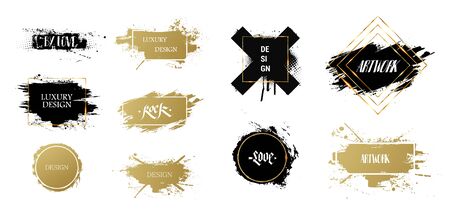 Texting boxes. Vector golden brush stroke, brush, line or texture. Quote box speech template. Vector dirty artistic design. Beautiful patterns for text, frames with paint and gold frames. Vectorのイラスト素材