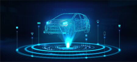 Hologram auto, futuristic polygonal model auto. Smart auto ai. Wireframe in line low-poly style. Smart automobile. Vector illustration in futuristic styleのイラスト素材