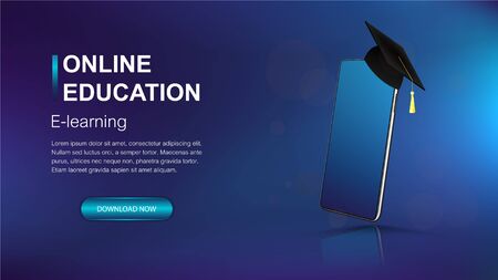 Online education modern web banner template. Mockup smartphone and square academic cap as a symbol of graduation. E-learning banner for website and mobile website. Landing page template. Vector imageのイラスト素材