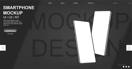 Dark webpage and smartphone mockups in isometric position.Mobile phones in 3d realistic style. UI,UX,KIT design template for template for advertising or page to the site, presentation. Vector imageのイラスト素材