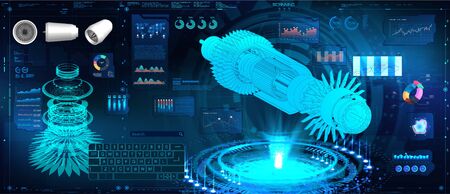 Hologram Jet engine of airplane in HUD, GUI style. Futuristic engineering illustration. Industrial aerospace blueprint. Jet engine statistics with parts of mechanisms. HUD UI style. Vector FUI imageのイラスト素材