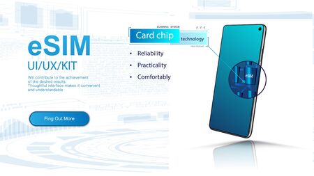 eSIM card-chip. Embedded SIM concept. Hi-tech mobile communication. Smartphone which is visible through the housing and the integrated eSIM chip is visible. White Vector illustration. Embedded SIM.のイラスト素材