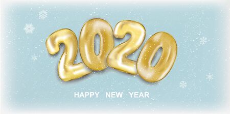 Snow banner 2020 Happy New Year. Golden numbers balls in 3d realistic style with snow. Festive banner design. Holiday vector illustration 2020のイラスト素材