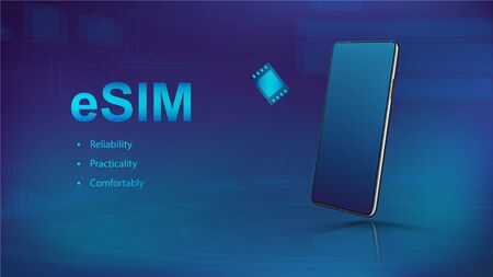 eSIM card and Smartphone in rotated position. Presentation banner, embedded SIM concept. Modern technology mobile communication. Mockup banner chip and smartphone. Vector illustration eSIM card.のイラスト素材