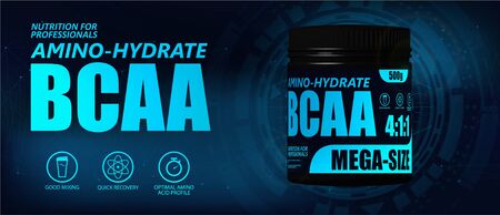 BCAA container with hi-tech background. New formula, Set of branched chain amino acids. Sport nutrition BCAA. 3D realistic mockup. Vector illustration product packagingのイラスト素材