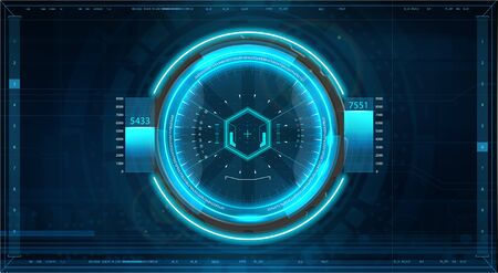 Futuristic GUI aim system of sniper weapon or futuristic game target. Game, Future Control Center Display. Camera viewfinder. Sci-fi futuristic spaceship crosshair. Aim military technology HUDのイラスト素材