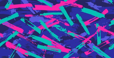 Seamless camouflage pattern of brush strokes with neon flowers, perfect for clothes. Light green, blue and pink colors. Artwork pattern. Seamless camouflage of grunge strokes. Vector illustrationのイラスト素材