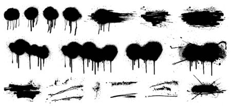 Stencil graffiti spray template. High quality tracing. Vector collection. Black splashes isolated on white background. Color dirty liquid. Very detailed set graffiti spray, street graffiti templateのイラスト素材