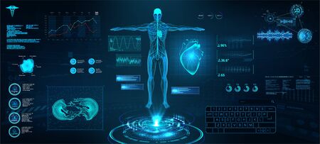 Modern medical examination in HUD style. Scan of the heart and its indicators in HUD style. Ultrasound and cardiogram. Innovation medical interface with illustration of Heart Scan and Human Body.のイラスト素材