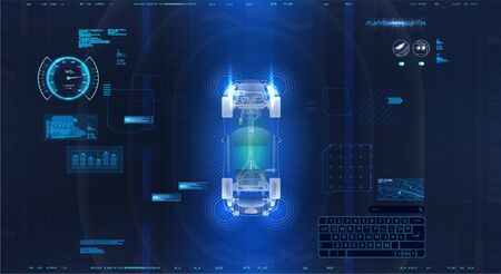 Smart braking car crash from car accident. An assistant in driving a car that scans all objects around the auto. Automatic braking system. Self driving vehicle. parking sensors 360 degrees HUD. Vectorのイラスト素材
